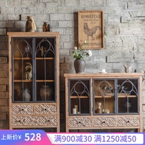 Industrial style entrance cabinet Solid wood American country vintage carved side cabinet Wrought iron high cabinet Living room wall decorative cabinet