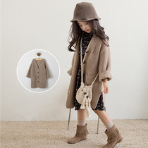 UK next dears Girls  autumn and winter mid-length knitted cardigan Korean version of the foreign style childrens sweater jacket