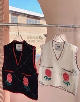 EENK 2021 Autumn New pocket rose flower vneck Jacquard knitted vest Lady vest