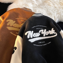 Tide brand lamb fleece cotton jacket baseball jacket mens autumn and winter fleece thick cotton jacket Jinjiang cotton jacket boys