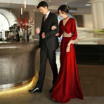 Toast to the bride 2021 new summer temperament red long style retro long sleeve wedding gown woman stunning