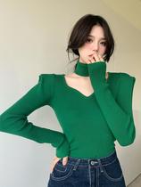 Green tight-fitting thick sweater womens autumn and winter shoulder slim long sleeve scarf temperament interior base shirt top