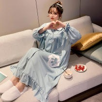 Sleeping skirt women spring and autumn long cotton long sleeve 2022 new pregnant woman cute net red fog blue shirt collar nightgown