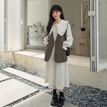 Doll collar dress two-piece set womens early spring and autumn season 2022 new high-end loose casual fashion skirt
