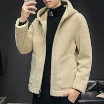 Winter lamb fur mens short style Korean fashion handsome hooded mens fur one Haining jacket