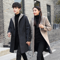 Autumn and winter lovers trench coat 2021 new long woolen coat men Korean tide temperament hooded woolen coat