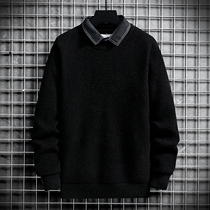 Autumn and winter have led the Korean trend warm fake two men sweater plus velvet thick shirt collar knitted base shirt
