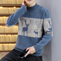 Autumn and winter mens pullover plus velvet thickened semi-high collar knitwear youth students mink velvet sweater warm thread coat
