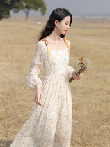 2021 New French first love shoulder long sleeve fairy jumpsuit skirt chiffon floral long skirt thin women early autumn