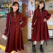 Autumn new maternity wear 2021 corduroy Net red loose long sleeve dress slimming out can open buckle breastfeeding