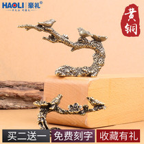 Brass happy eyebrow pen holder Xiangtai Magpie literary and artistic antique Copper carving Bronze hand pieces Feng Shui auspicious ornaments