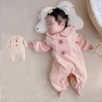 Female baby autumn and winter clothes plus velvet thick jumpsuit baby sweet doll collar warm ha clothes newborn out of clothing