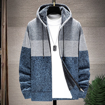 Autumn and winter warm mens jacket mens Korean zipper hooded mens knitted cardigan plus velvet topped jacket