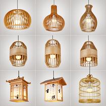  Modern Chinese wood art Restaurant chandelier Creative personality Bed and breakfast bedroom bar art decoration solid wood birdcage lamps