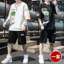 Short-sleeved t-shirt mens suit 2021 summer new cotton top ins tide brand half-sleeve clothes mens a set of collocation
