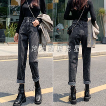 Smoky gray jeans womens loose straight tube autumn and winter size fat mm high waist plus velvet radish pants 2021