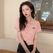 Large size short-sleeved T-shirt womens summer 2021 sweet and spicy wind polo collar irregular exposed umbilical fat mm short thin top