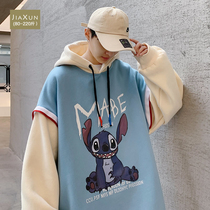 Anime print fake two-piece sweater mens spring and autumn ins Hong Kong trend loose large size handsome wild jacket