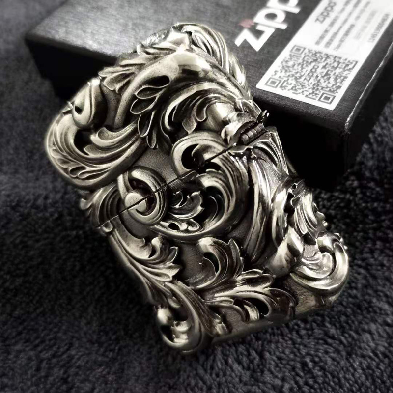 Original version Zippo Kerosene Lighter 5-sided surround embossed Tang Grass heavy armor Tibetan Silver Sterling silver Flintstone