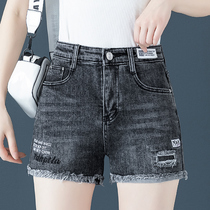 High-waisted denim shorts womens summer thin section 2021 new Korean loose embroidery pants show thin smoke gray pants