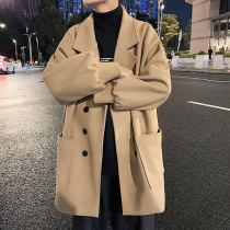 2021 early autumn new coat mens Korean trend long woolen coat winter English wind brown trench coat