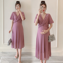 Pregnant women summer pregnant women dress fashion foreign style v-neck bright silk temperament medium-long skirt out hot mom summer