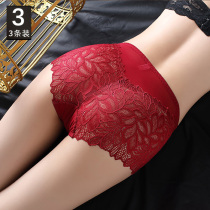 3 dress ~ red lace sexy briefs female 2022 new stylish antibacterial pure cotton crotch breathable no-cut triangular pants