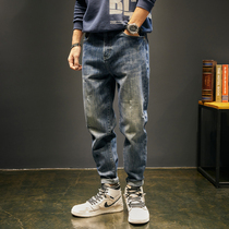 Tide brand autumn and winter retro jeans mens Korean version of the trend American casual small feet pants loose size elastic Haren pants