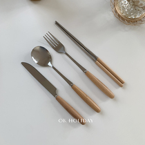 ok holiday * Simple ins Cylindrical wooden handle chopsticks knife fork spoon tableware set Stainless steel retro tableware