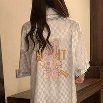 2022 New advanced senses silk sleepwear womens ins wind spring summer short sleeves Chessboard Grid Ice Silk Shirt Sleeping Dress
