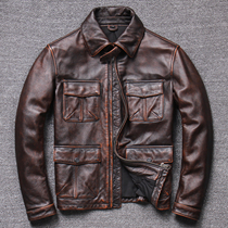 Amei Kazu first layer cowhide leather leather leather mens hunting lapel leather jacket retro Stone Mill jacket