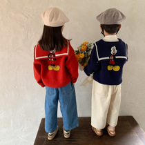 Male and female babies Autumn Navy Collar Cute Cartoon Knit Cardiovert Children Casual Ocean Gas Big Turnover Sweater Jacket