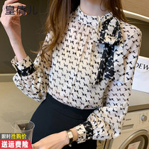 2021 Autumn New temperament bow pullover shirt womens long sleeve print age reduction underweight gown chiffon top