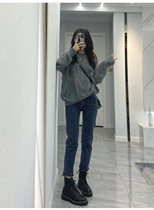 American hiphop Net Red Blue Gray high waist thin stretch Stretch Straight pants womens autumn and winter New cashpipe pants