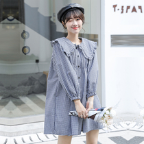 2022 spring maternity dress doll collar shirt skirt age-reducing Joker lantern sleeve plaid small pregnant dress