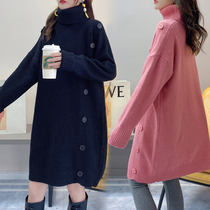 Pregnant women autumn suit foreign style knitted dress loose belly belly pregnant mother top fashion high collar sweater dress autumn and winter