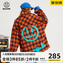 BEASTER little devil grimace trend plaid shirt graffiti print fashion loose lapel shirt