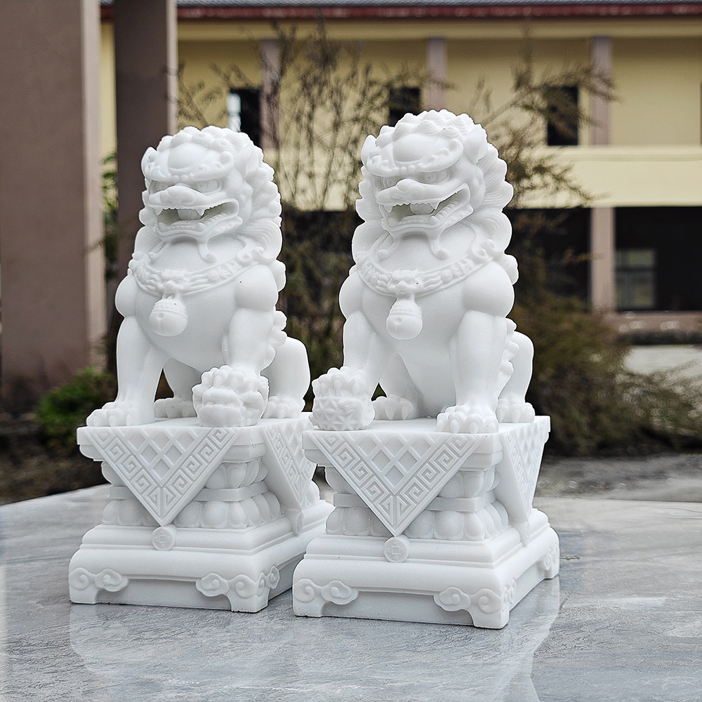 手彫り白玉石　獅子の置物 漢白玉獅子ペア　阿吽　台座八角形 O1CN0189i8g823DH1ZyE7cL_!!