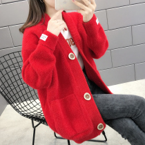 Mink velvet this year red sweater coat clothing women's knitted cardigan 2021 new fashion explosions autumn and winter thick