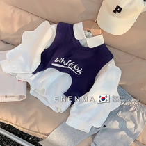 South Korea Gate Children Dress 2022 Spring Dress Girl Fashion Temperament Bubble Cuff Shirt Children Machia Two Sets