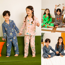 Childrens pajamas womens spring and autumn cotton set long sleeves thin parent-child pajamas boys and boys autumn home clothes