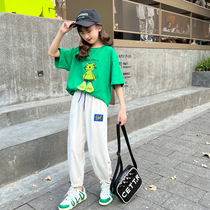 Girls sports suit Summer 2022 new children trendy foreign air summer clothing CUHK Scout red short sleeves Two sets