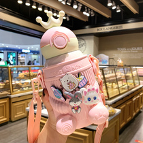 Student thermos cup female high-value cute portable childrens water cup large-capacity Net red crown with straw Cup