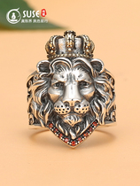 suse Europe and America S925 retro Crown lion ring male sterling silver male lion head opening adjustment index finger ring tide tide