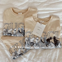 Abalone Fish 2022 Summer Money for men and women Childrens Childrens Costume G Home Korean Version Cartoon Cat Printed Short Sleeve Pure Cotton T-shirt