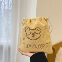 Super cute warm yellow bear head corset pocket ins homemade large capacity girl heart drawstring portable storage bag