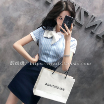 Short-sleeved shirt womens summer blue striped bow professional wear overalls formal temperament loose new shirt
