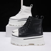 European station 2021 autumn and winter new leather high-top casual shoes thick-soled cake shoes Joker short boots women plus Velvet