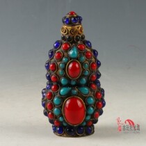 Antique collection Antique copper inlaid turquoise snuff bottle Cigarette handle Gift small handle Home decoration