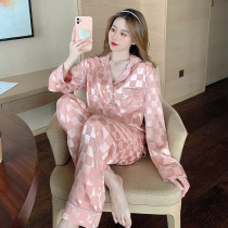 ins style jacquard Plaid ~ classic non-monotonous pajamas female spring and autumn ice silk long sleeve can wear pink suit
